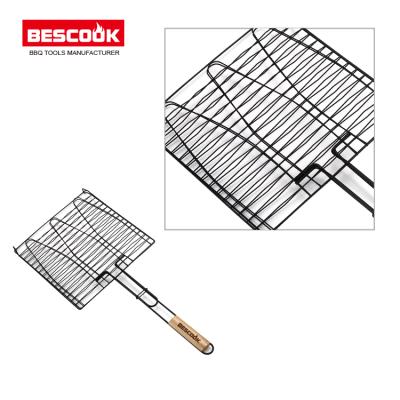 China Amazon Popular Design Handle Fish Grill Basket Non-Stick Easy Assembled Wood BBQ Grill for sale