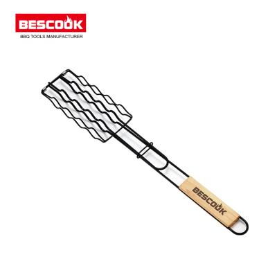 China Hot Sale Non-Stick BBQ Net Handle Sausage Grill Easily Cleaned Wooden Basket for sale