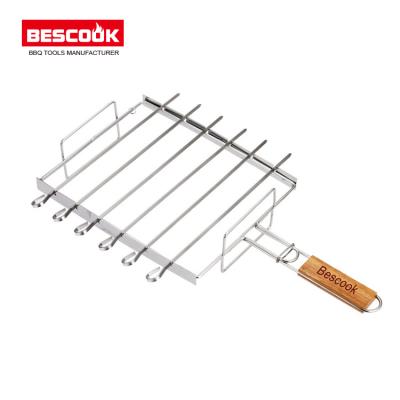 China LFGB Tandard 6PCS Easily Cleaned Stainless Steel Spits Grill Basket Rack With Wooden Handle for sale