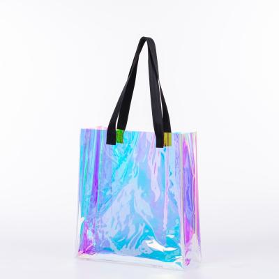 China Reusable Transparent Holographic PVC Iridescent Plastic Shopping Bags Hologram Tote Bag Clear Laser Handbag for sale