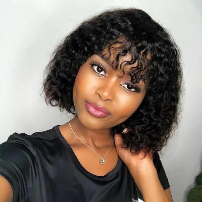 China Hot Sale Deep Curly Wave Hair Deep Wave Machine Made Short Bob Wigs Water Bob With Bangs For Black Woman for sale