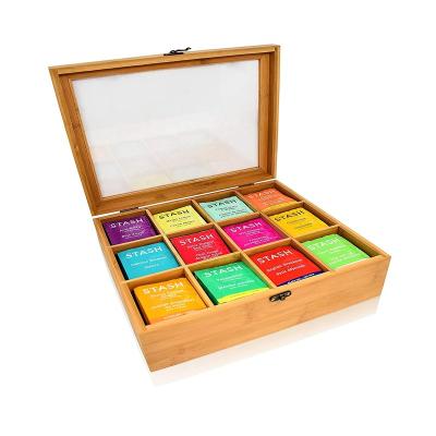 China Natural Bamboo Organizer Stocked Box, Tea Box Organizer, 12 Drawer Tea Bag Compartments for sale