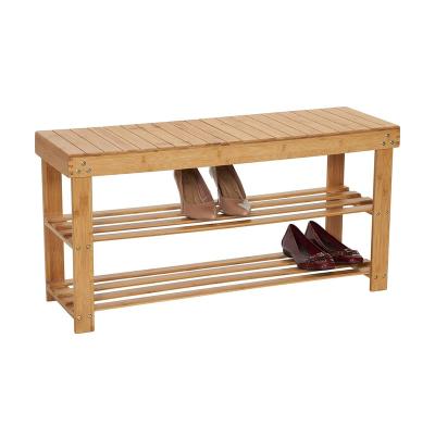 China Modern Natural Bamboo 2-Shelf Shoes Storage Rack Wooden Shoes Bench for sale