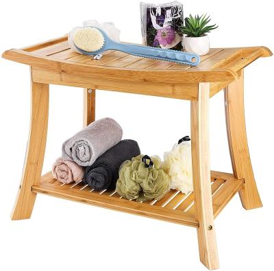 China Modern Bamboo Shower Bench with Handles, Bath Seat Stool with Non-Slip Feet and Storage Shelf for Towel Shampoo for sale