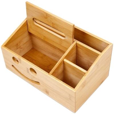 China Household Smile Bamboo Tissue Box Holder and Multifunctional Organizer for Bedroom and Office for sale