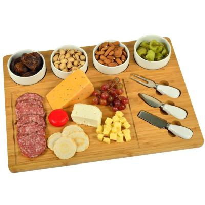 China Eco-friendly Christmas Gift Grocery Bamboo Cheese Board With Drawer Cutlery Set With 4 Ceramic Bowls for sale