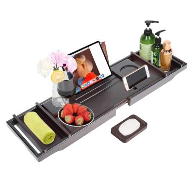 China 100% Eco-friendly Multifunctional Bamboo Telescopic Products Tray Glass Wine iPad Tub Holders, Brown And Black for sale