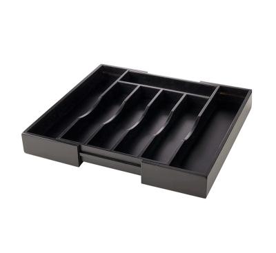 China Viable Expandable Bamboo Kitchen Drawer Organizer for Cutlery and Utensils Black Color Bamboo Wood Tray in Drawer for sale