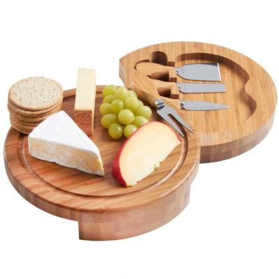 China Sustainable Bamboo Wooden Cheese Serving Board With 4 Piece Cheese Tool Kit for sale