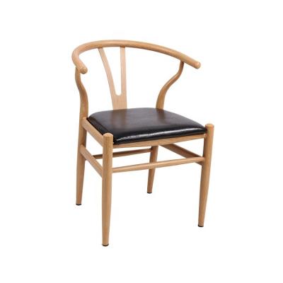 China Free Sample Morden Chairs Leather Soft Seat Wood Grain Transfer Hot Metal Dining Chair for sale