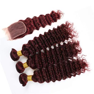 China Deep Wave 99J Burgundy Deep Curly Hair Bundles With 4x4 Lace Up Wine Red Brazilian Deep Wave Hair Weft Virgin Hair Weaves for sale