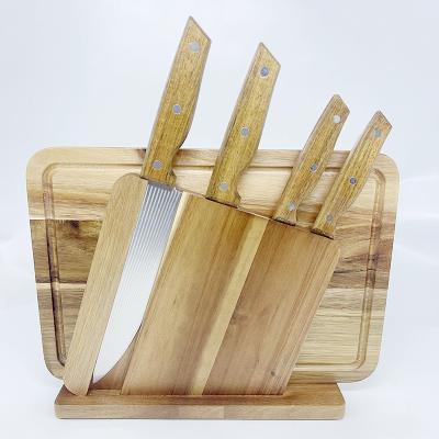 China Sustainable Wood Cutting Board Kitchen Knife Block Set 6 Piece Stainless Steel Chef Knife Set With Acacia Wood Knife Block for sale