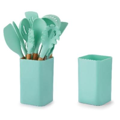 China Sustainable Silicone Kitchen Utensils Wooden Handle Kitchen Utensil Set With Rack for sale