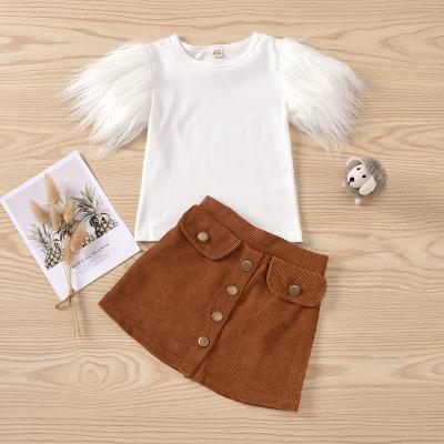 China Fashion 2 Colors Summer Kids Girls Dress Sets Casual Two-pieces Feather Sleeves T-shirt Skirt Set For Girls Clothes 3-7 Years Old for sale