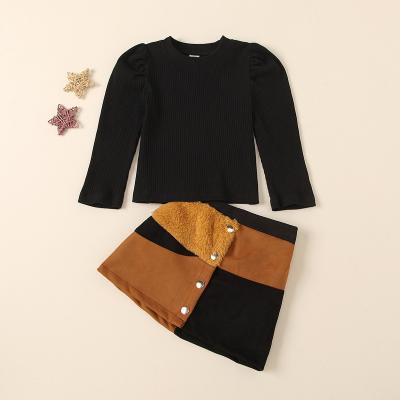 China Autumn Childrens Girls Casual Clothes Sets Long Sleeve T-shirt Color Match Splice Skirt Outfit Kids Clothing Sets for sale