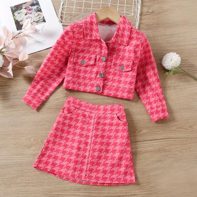 China Teen Girls Casual Clothing Set Vintage Chic Houndstooth Spring Hot Pink Short Jacket Top And Skirt Set Kids Girls Set Clothes for sale