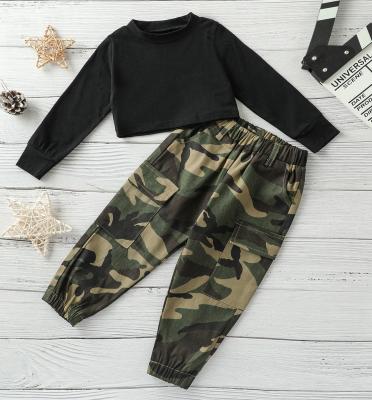 China Hot Casual Fashion Girl Clothing Sets Long Sleeve Black T-shirt And Camouflage Pants 2PCS Babies Outfits for sale