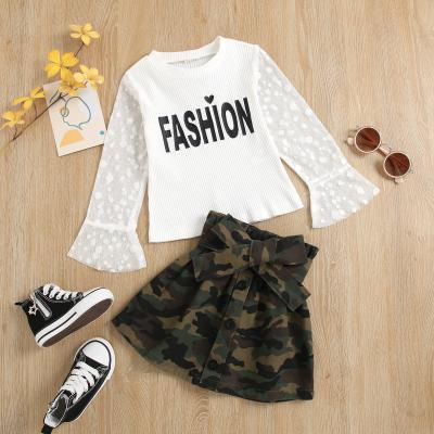 China Casual Kids Long Sleeve Full Bow Camouflage Skirt Set Boutique 2pcs Garbage Girl Kids Summer Outfit Clothing Set for sale