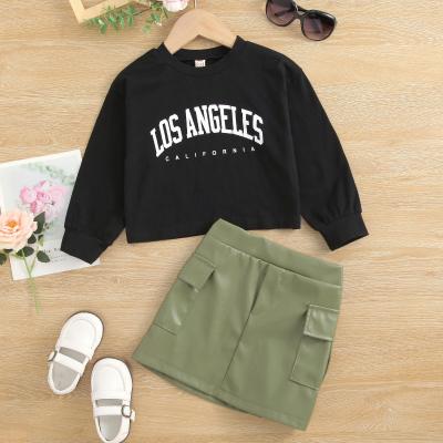 China Amazon hot sale toddler girl casual drop clothes sets letter sweatshirt pu skirt 2pcs fashion little girls outfits boutique clothing for sale