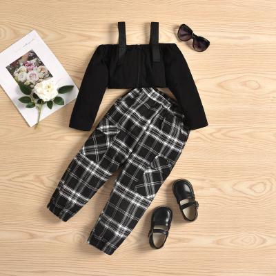 China Casual 2pcs Toddler Girl Clothes Kids Dress Sets Cool Chic Summer Off-Shoulder Zipper Top Plaid Pants Sets Kids Girls Sets 2021 for sale