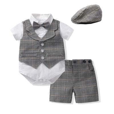 China Hot new anti-shrink boutique baby clothes England style vintage plaid baby boy clothes toddler gentleman clothes set with hat for sale