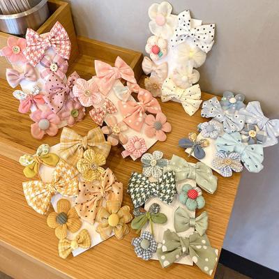 China Country Style Soft Korean Cloth Hair Clips 8 Pieces Set Clips For Babies Poka Dots Houndstooth Bow Hairclips For Party for sale