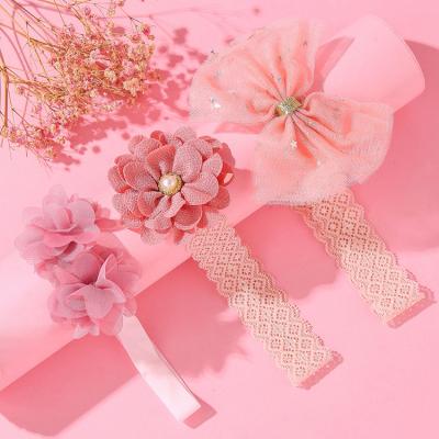 China Baby Princess Lace Elastic Hairband Sweet Chiffon Flower Headband Set Kids Headbands For Birthday Party for sale