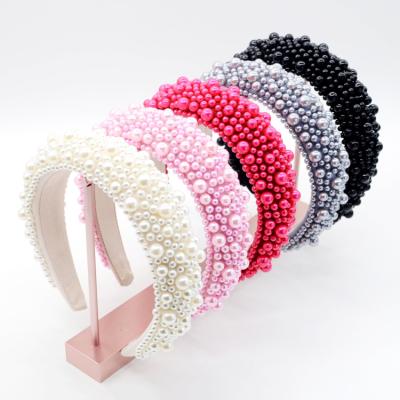 China Vintage 4cm Ladies Hair Accessories Jeweled Pearl Headband For Women Girls Elegant Vintage Flannel Headband for sale