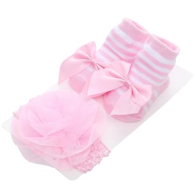 China Breathable RTS Kids Breathable Dress Socks Princess Bow Socks Flower Headband Set For 0-12 Months Baby Socks for sale