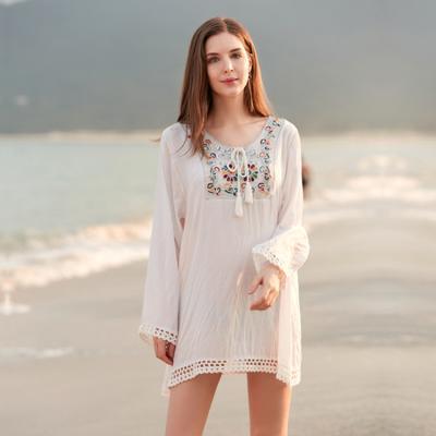 China Plus size new 2021 European and American hot swimsuit blouse seaside cotton bamboo embroidery foreign trade short dress for sale