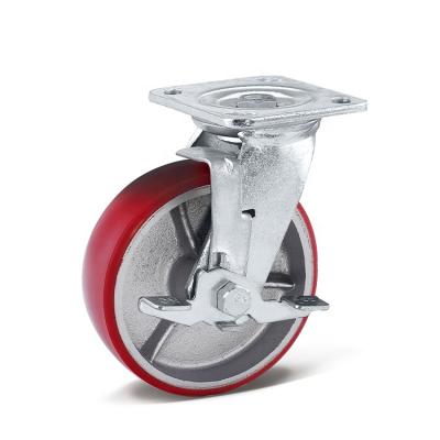 China SWIVEL PU Heavy Duty Polyurethane With Cast Iron Core Red PU Flat Bottom Swivel Round Caster Wheels For Material Handling Industry for sale