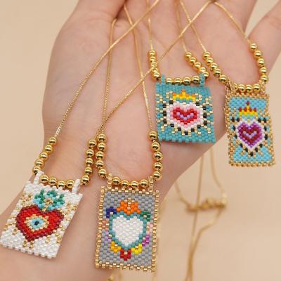 China BOHEMIA 2023 Bohemian Style Woven Pendant Square Heart Necklace Brass Gold Beads Daisy Seed Miyuki Beads Necklace for sale