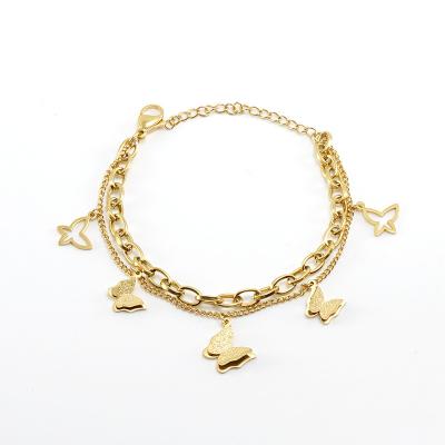 China TRENDY 2023 New Arrival Retro Shiny 18k Gold Double-Layer Stainless Steel Charm Butterfly Bracelet for sale