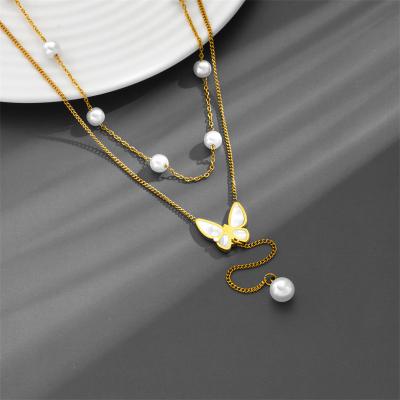 China TRENDY Linfor Gold Plated stainless steel Double layered Natural freshwater pearl White shell butterfly necklace for sale