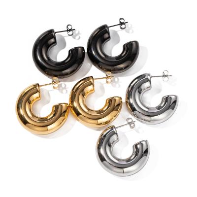 China TRENDY C Earrings waterproof 18K Gold Plated Stainless Steel Chunky Hoop Earrings Minimal Thick Hollow Statement Ear Cuff for Women 1 b for sale