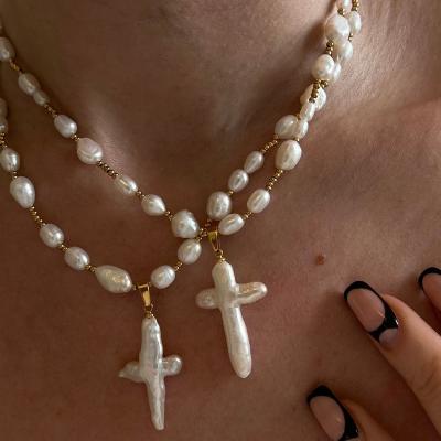 China TRENDY Hot Selling Retro Artistic Pearl Necklace Cross Women Shell Natural Freshwater Double Layer Pearl Cross Necklace for sale