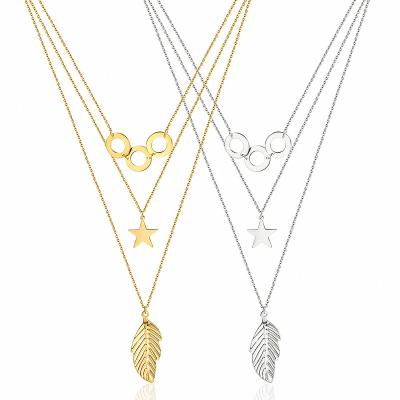 China TRENDY New Stainless Steel Gold Color Multilayer Necklace 18K Custom Design Jewelry 14k Leaf Pendant Multilayered Necklace for sale