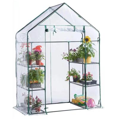 China Easily Assembled Green Mini Greenhouse 3 Tier PVC Film Walk-In Garden House for sale