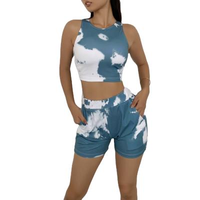 China Newest Breathable Tie Dye Yoga Shorts Set With Pocket Fitness Women Yoga Biker Shorts Sets Yoga Pants Set for sale