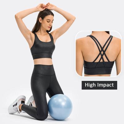 China Full Wear Breathable Athletic Women Sports Bra Gym Yoga Metallic Shiny Support Bra Plus Size Sports Bra for sale