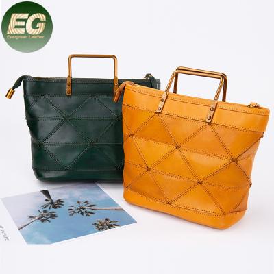 China Fashion EMG6358 whip stitch patchwork handbag hide bag women retro vegetable tanned leather handbags for sale