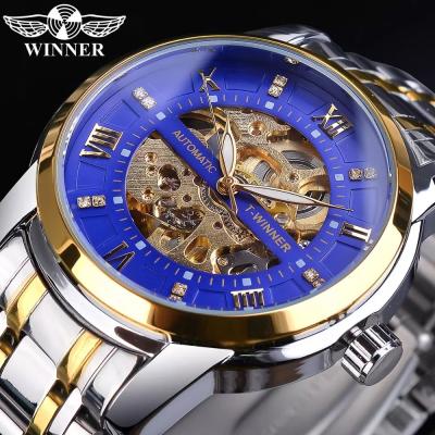 China Diamond Dial Skeleton Stainless Steel Automatic Gold Waterproof Luminous Hand Color Men's Date Winner Date Mechanical Watch for sale