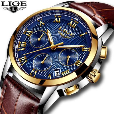 China Brand New Business 9849 Chronograph LIGE Watch Men Luxury Leather Chronograph Sports Waterproof Montre Homme Mens for sale