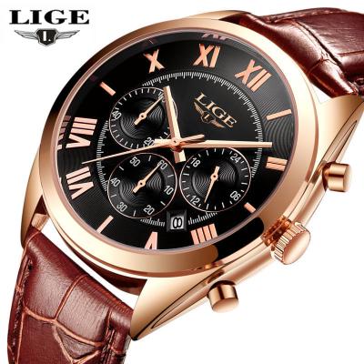 China LIGE Chronograph Watch 9806 Fashion For Men Casual Waterproof 24 Hours Date Clock Watch Brown Leather Men Wrist Watches Relojes Hombre for sale