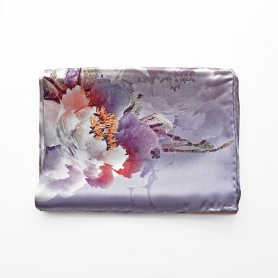 China Soft Chinese Style Silk Scarf for Women's Long Silk Satin Scarf Women's Purple Peony Flower Scarves Spring for sale