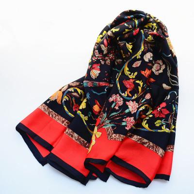 China Retro soft and smooth chain silk hijab wraps 105*105cm fassion style woman scarf shawls square 110 black and red flower bird scarf for sale