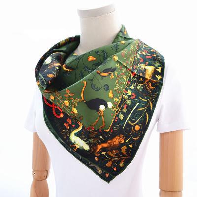 China Army Green Scarf 90*90cm Soft Luxury Natural Silk Women's Bird Printed Twill Silk Scarves 100% Real for sale