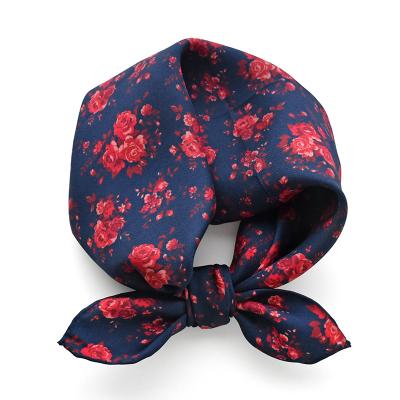 China Soft deep blue scarf printing real flower 100% silk red twill bandana scarf for women for sale