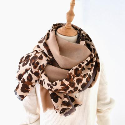 China Large Soft 100% Wool Scarf Women With Bandana Shawl Warm Fashion Long Thin Autumn Winter Scarves Leopard Print for sale