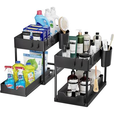 China Sliding Kitchen 2 Tier Storage Boxes Kitchen Sink Organization Put Out Drawer Under Sink Organizer Cabinet With Sliding Basket for sale